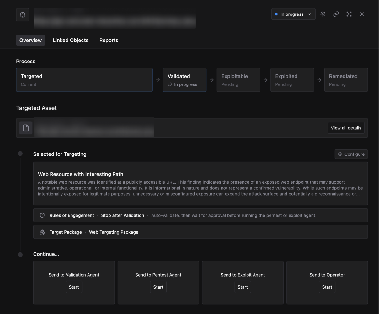 Target detail view showing process stages, trigger context, rules of engagement, and Continue options