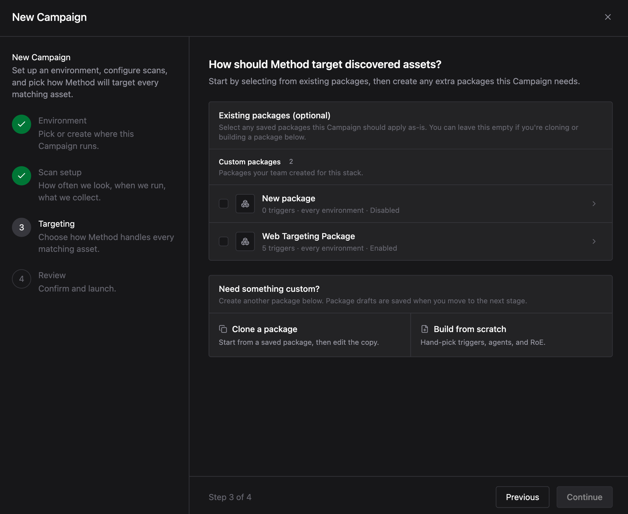 Targeting step showing available packages to select for the Campaign
