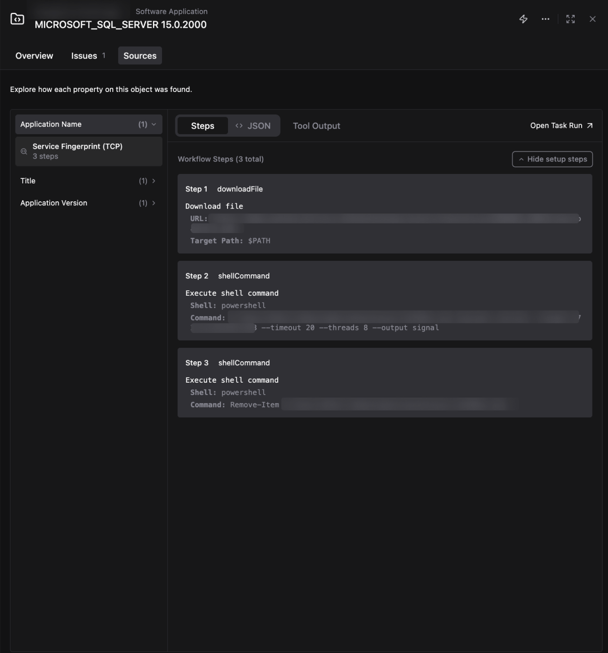 Sources tab with Service Fingerprint (TCP) selected on the left and the Steps view on the right, showing three workflow steps: downloadFile, a shellCommand running a fingerprinting tool, and a shellCommand to clean up. JSON and Tool Output tabs are also available.
