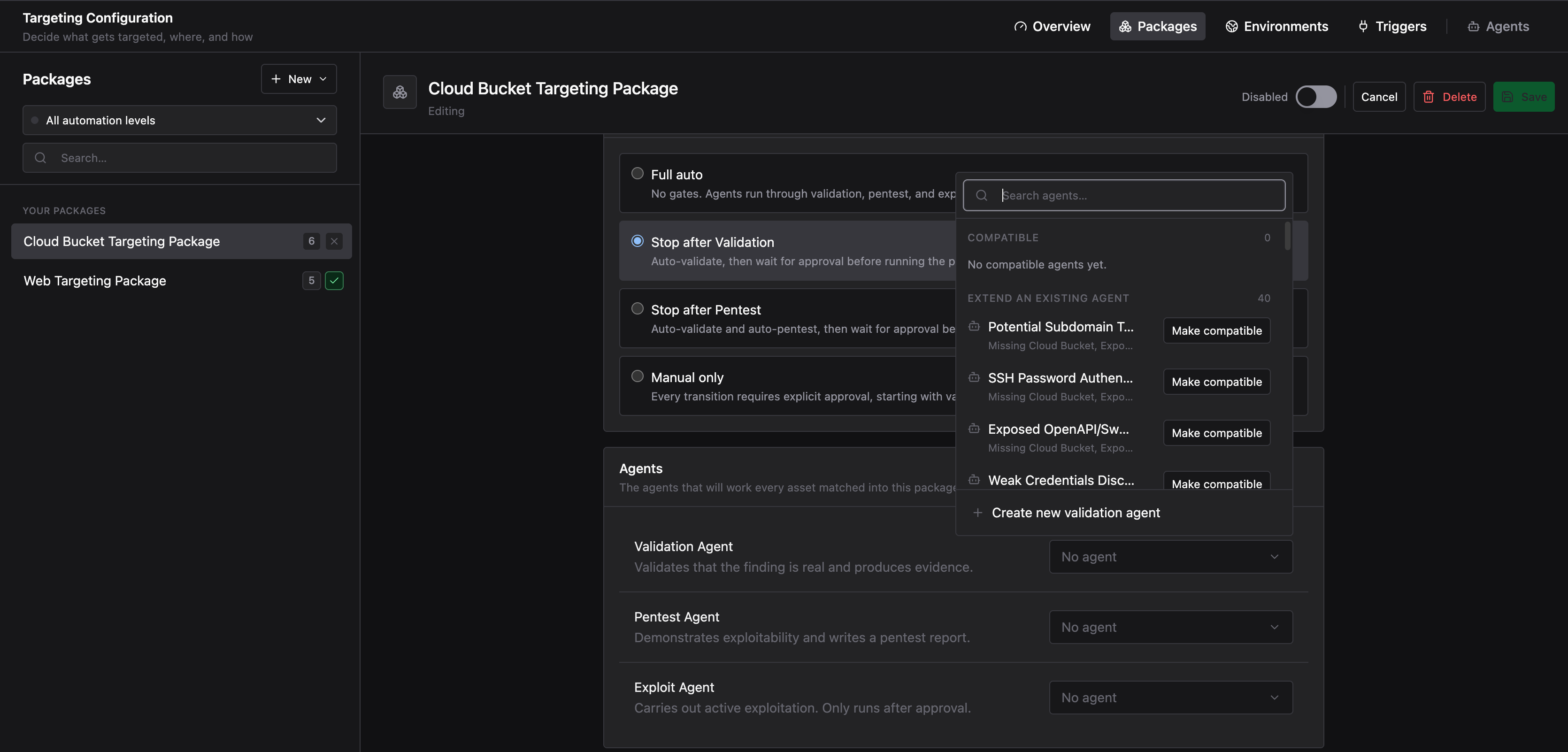 Agent selection panel showing compatible and extendable agents alongside the Validation, Pentest, and Exploit Agent slots