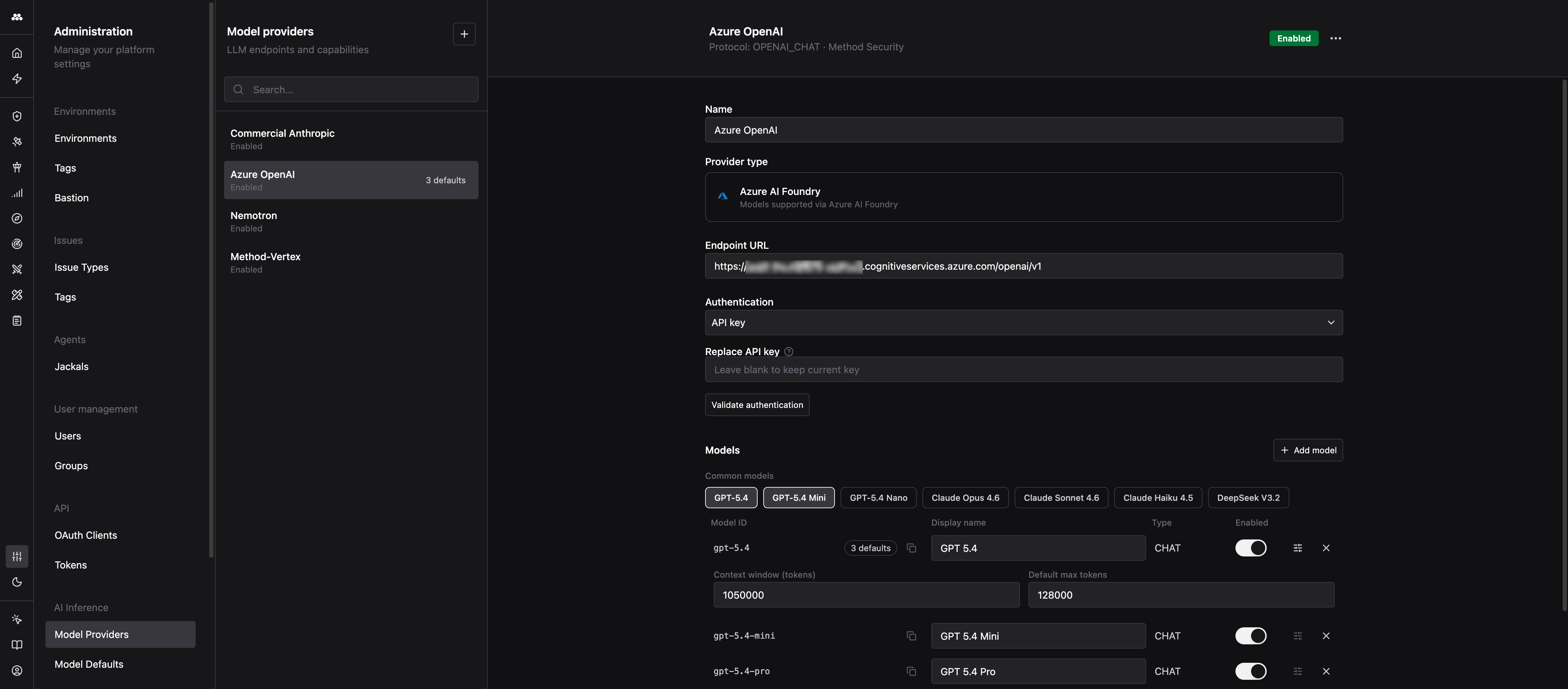 Models section of a Model Provider, showing Model ID, Display name, Type, and Enabled columns