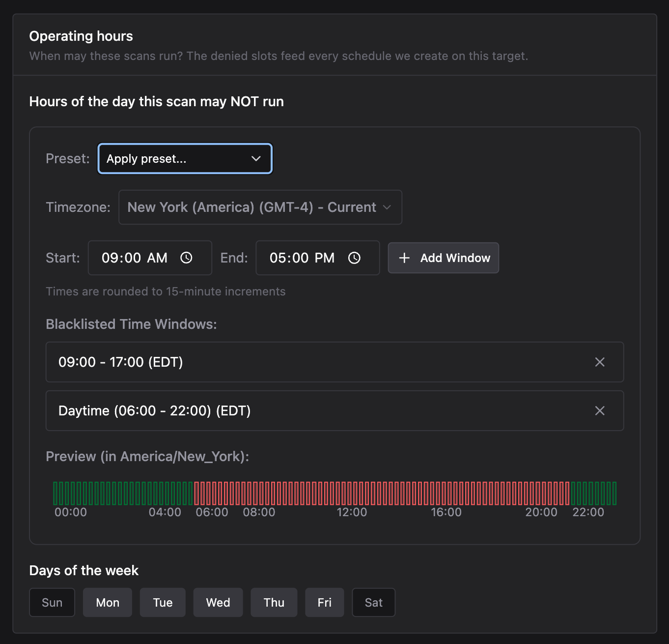 Operating hours preset selector showing the no-office-hours option selected