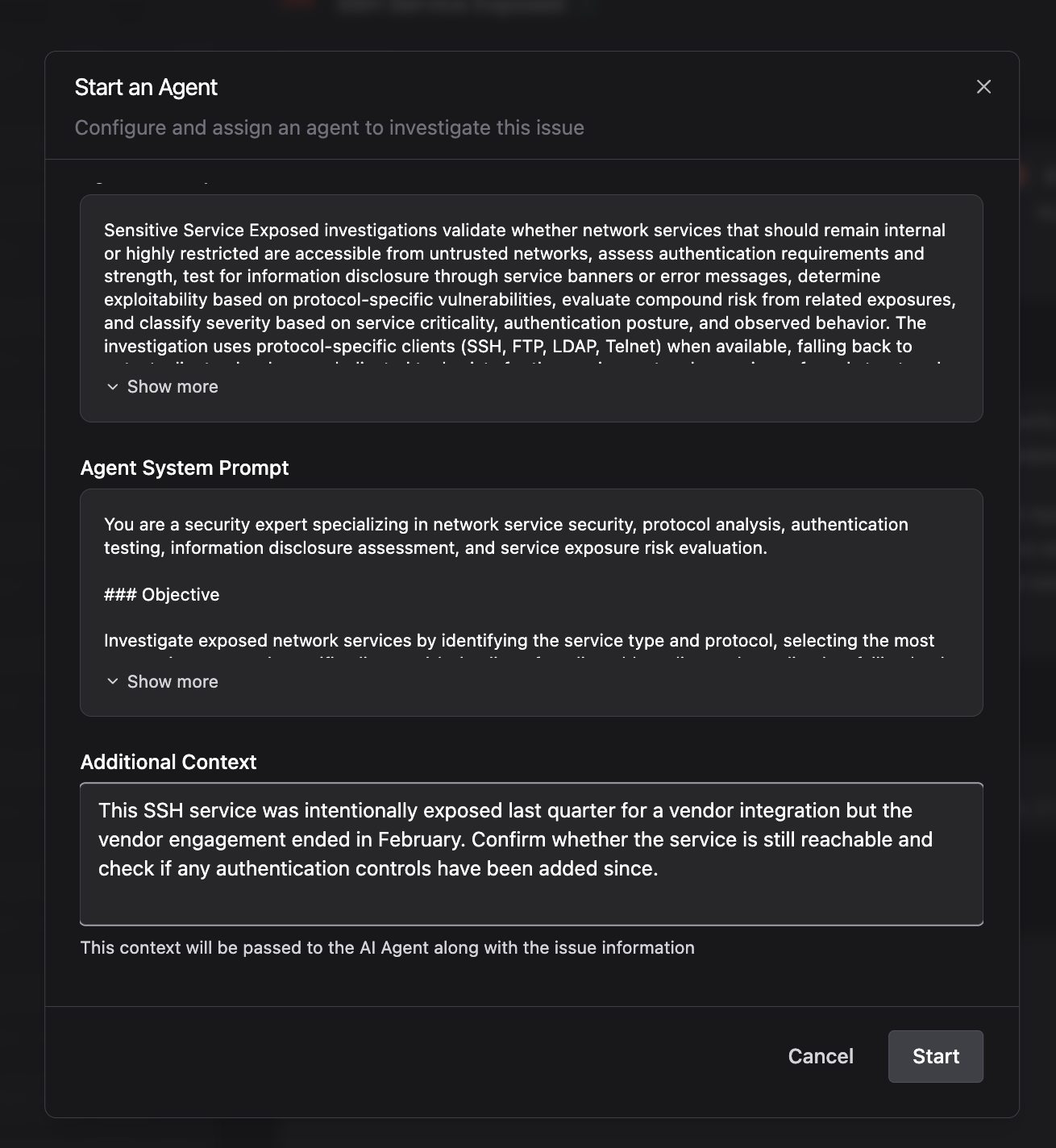 Start an Agent modal showing Agent name, description, system prompt, and additional context field