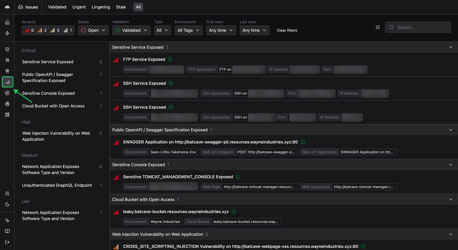 Issues app showing Validated Issues organized by severity with filter controls