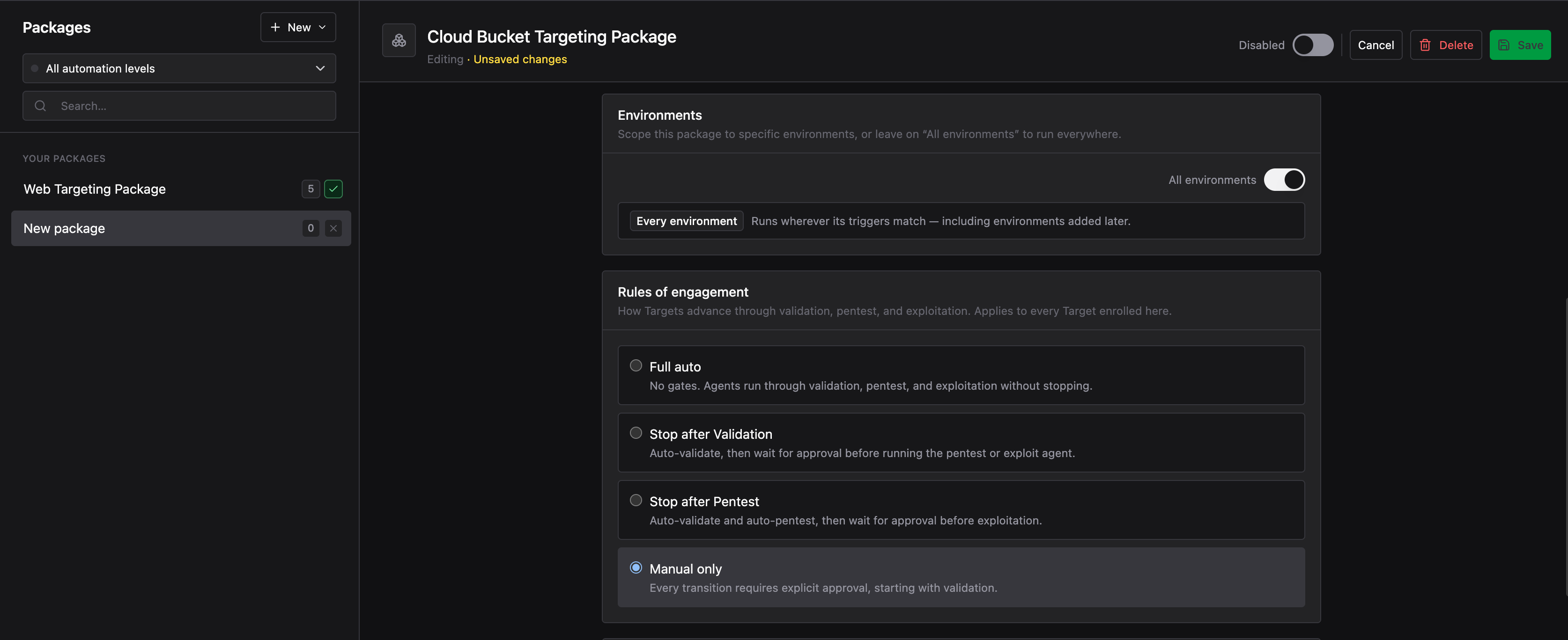 Environments set to every environment and Rules of Engagement options shown