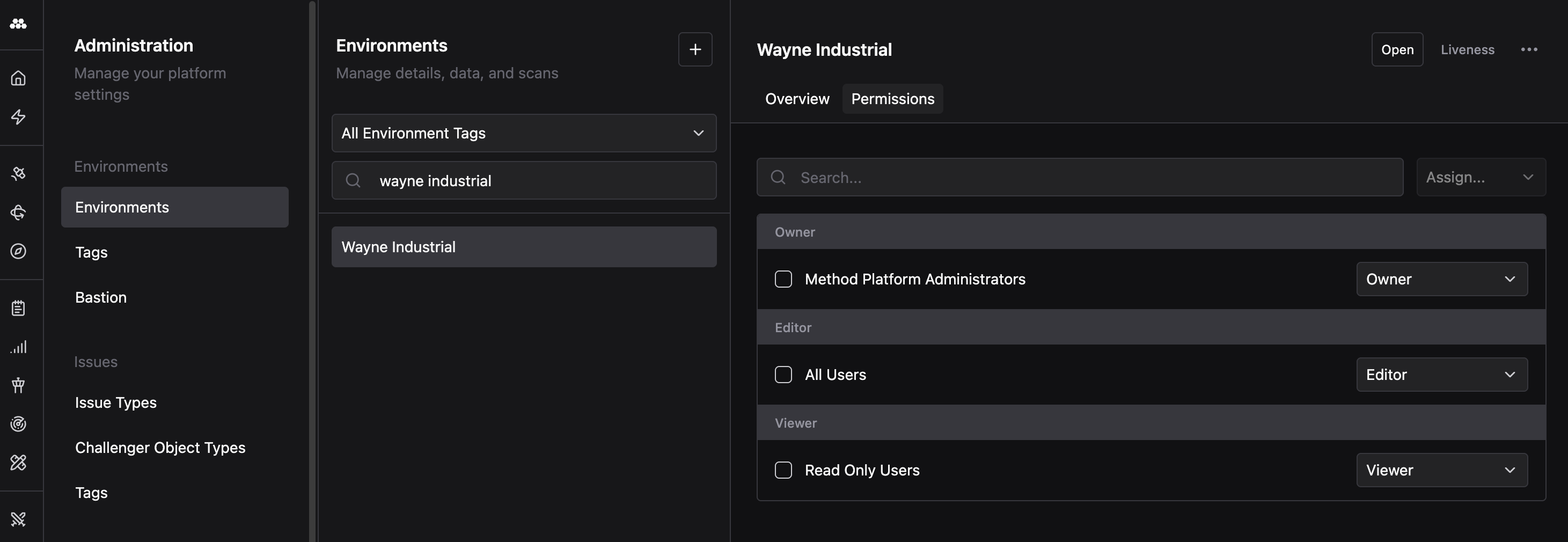 Environment permissions tab showing the access level of each group for an environment