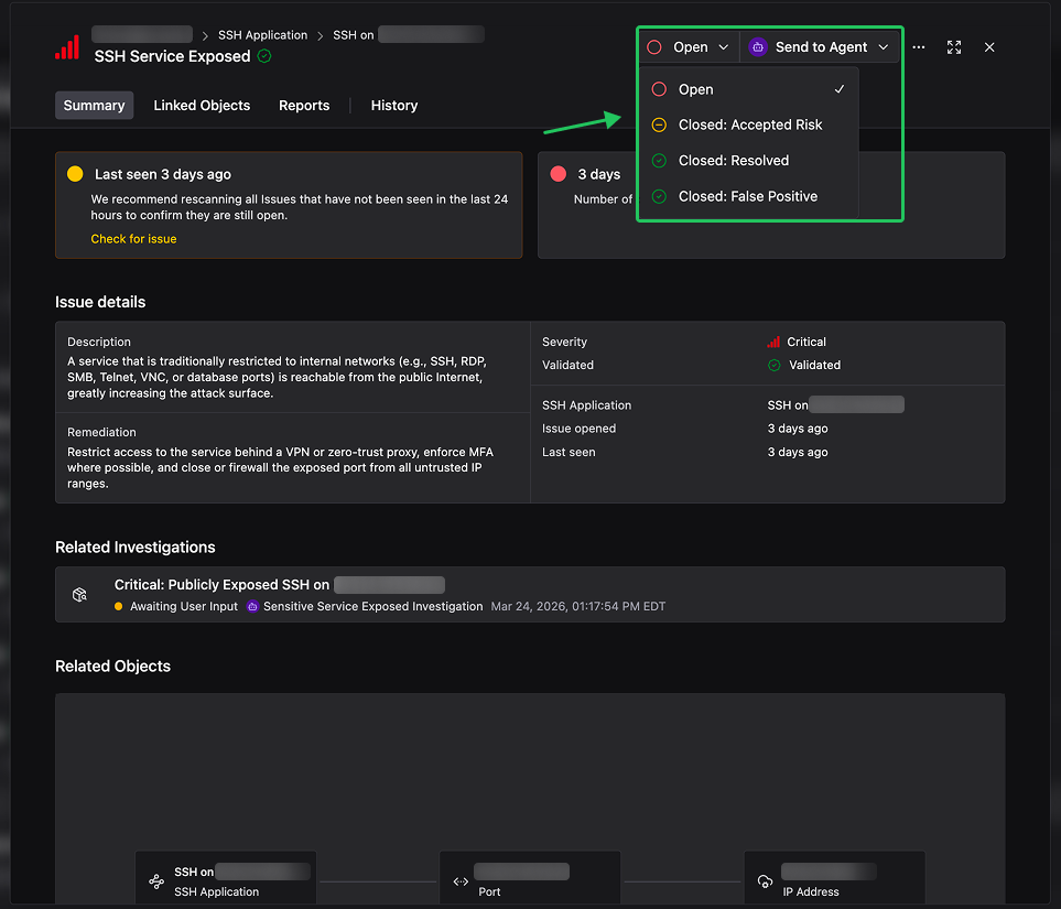 Issue status dropdown showing Open and Closed options
