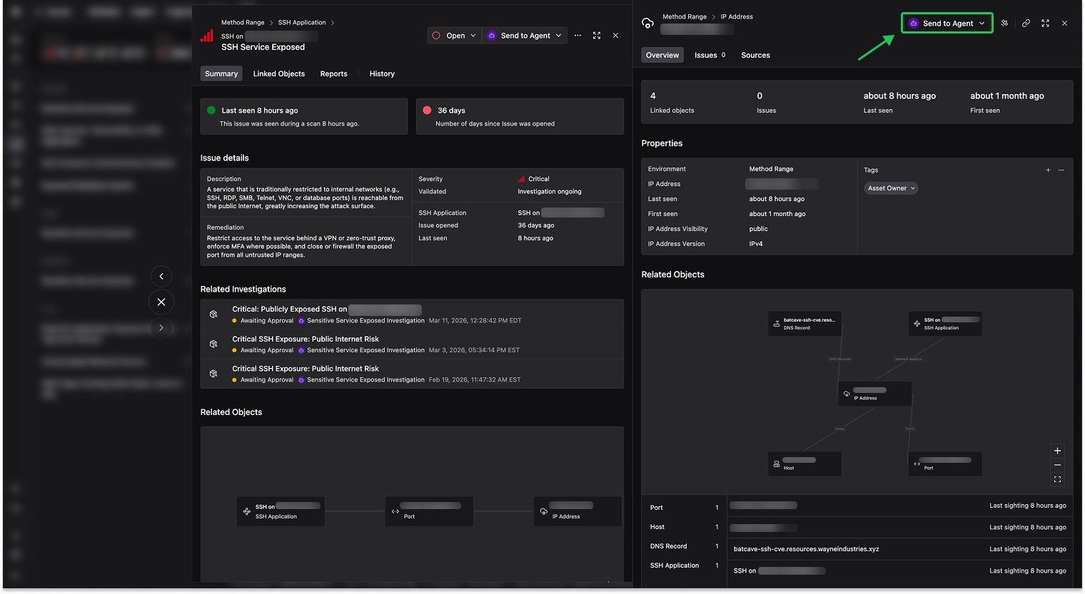 Issue detail panel with Send to Agent button highlighted