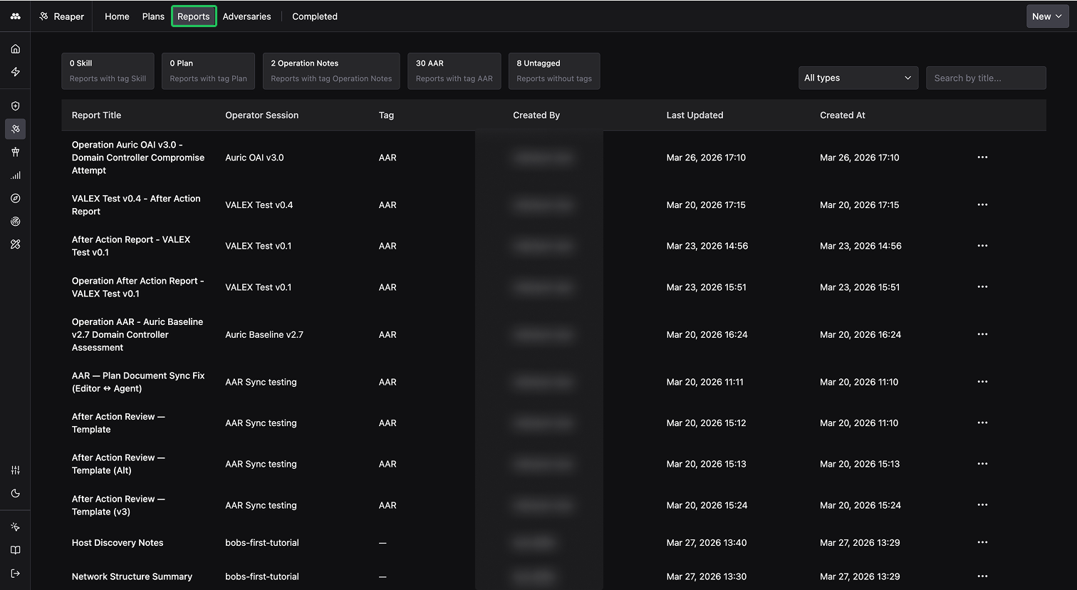 Reaper Reports tab showing saved Operation notes