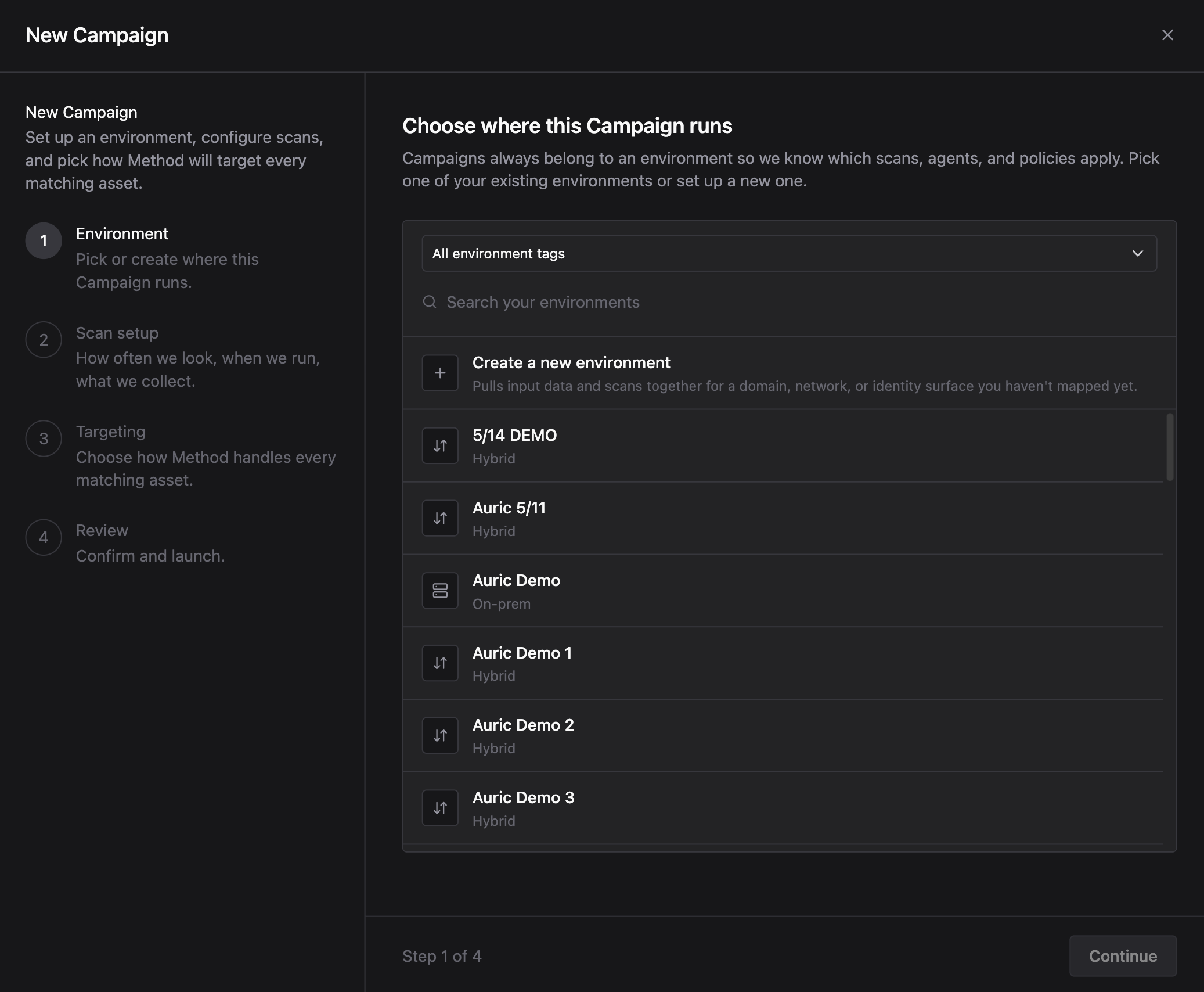 Environment selection step showing a list of available Environments