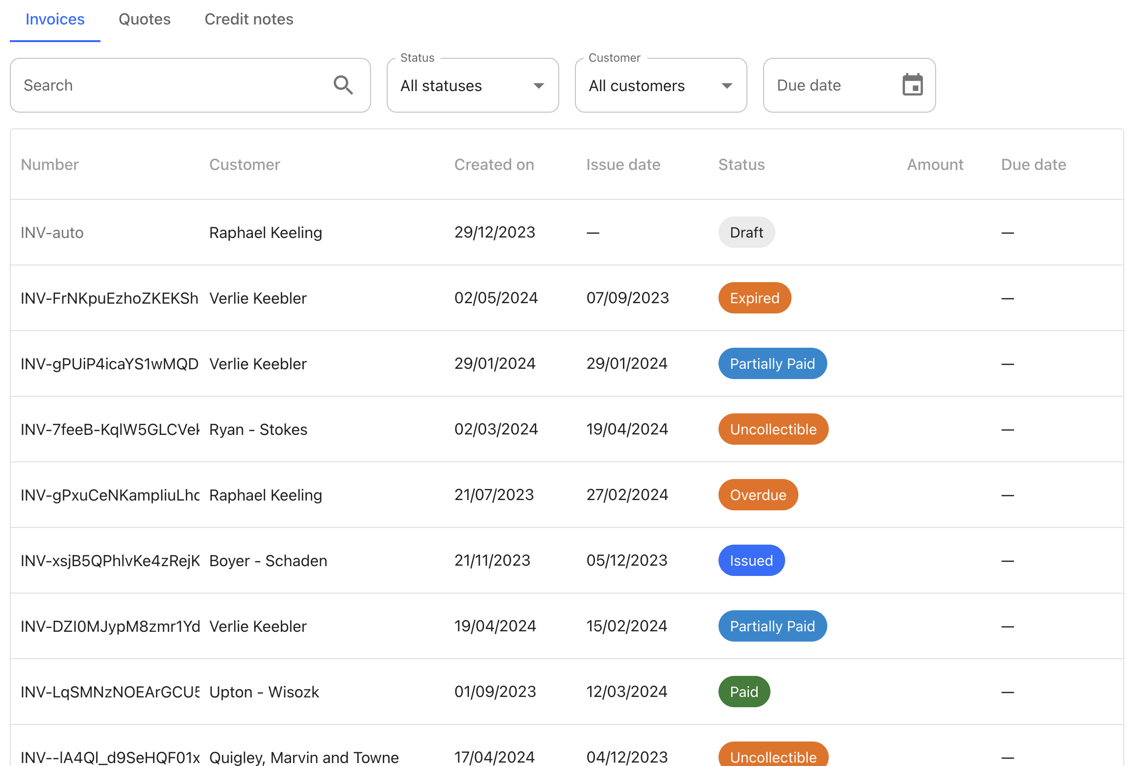 ReceivablesTable component preview