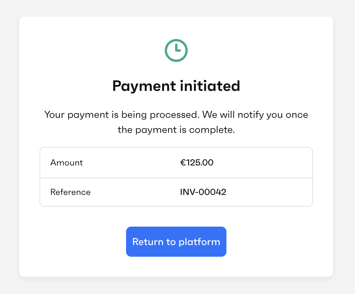 "Payment initiated" screen