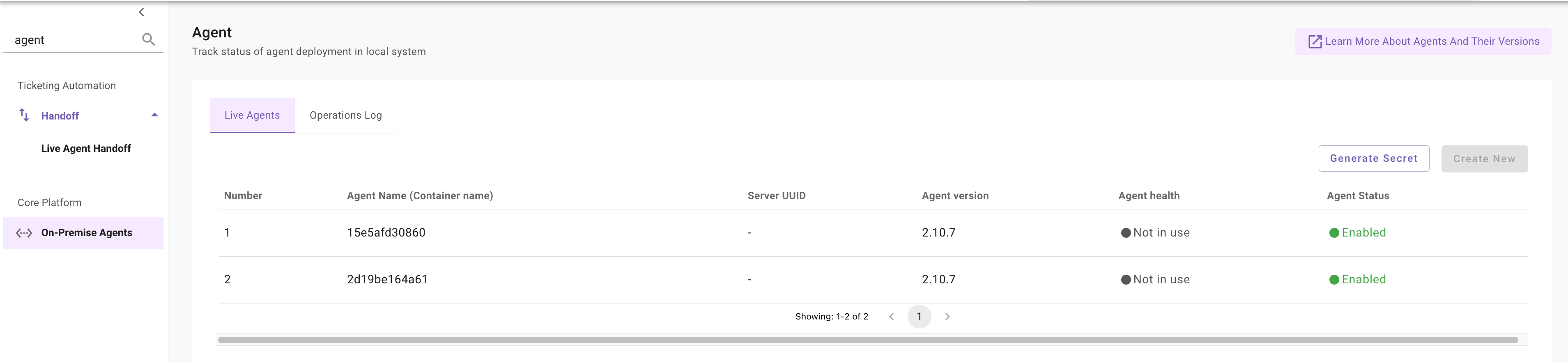 Live Agents tab showing both containers registered and Enabled