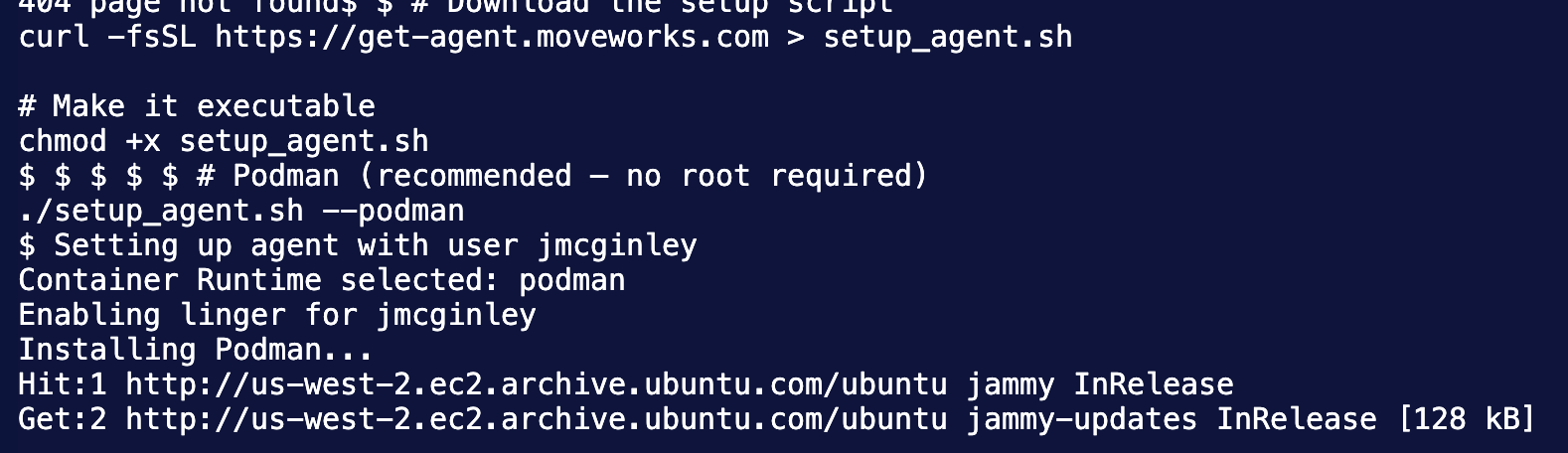 The setup script downloading and installing Podman automatically