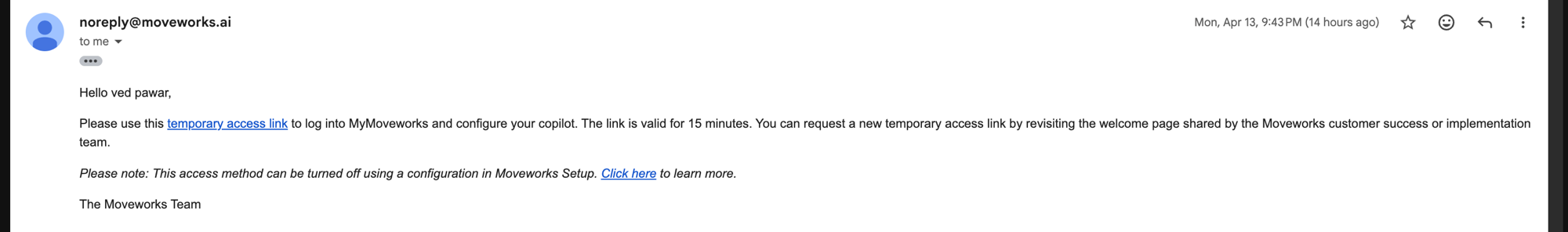 Magic link email with temporary access link