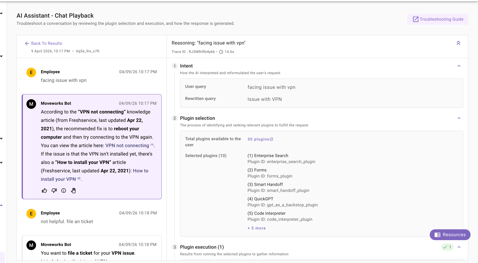 Intent step showing user query and rewritten query