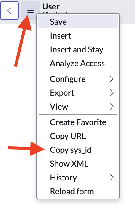 Hamburger menu on the admin user record showing the Copy sys_id option