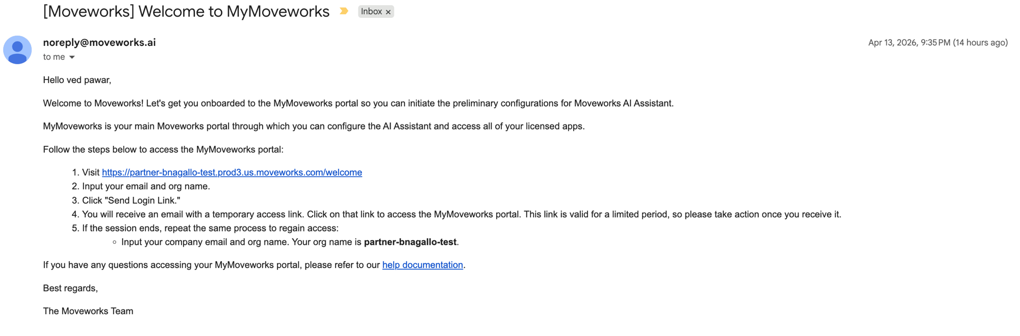 Welcome email from Moveworks