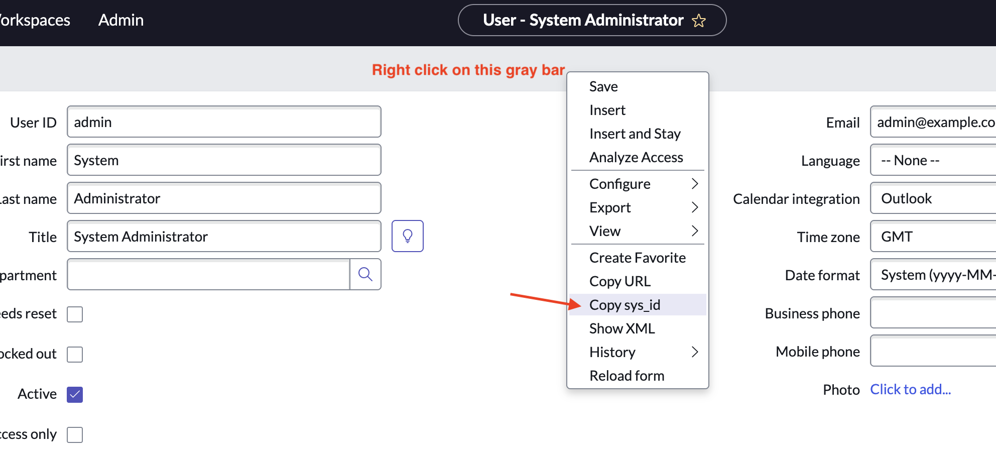 Right-click context menu on the admin record form header showing Copy sys_id