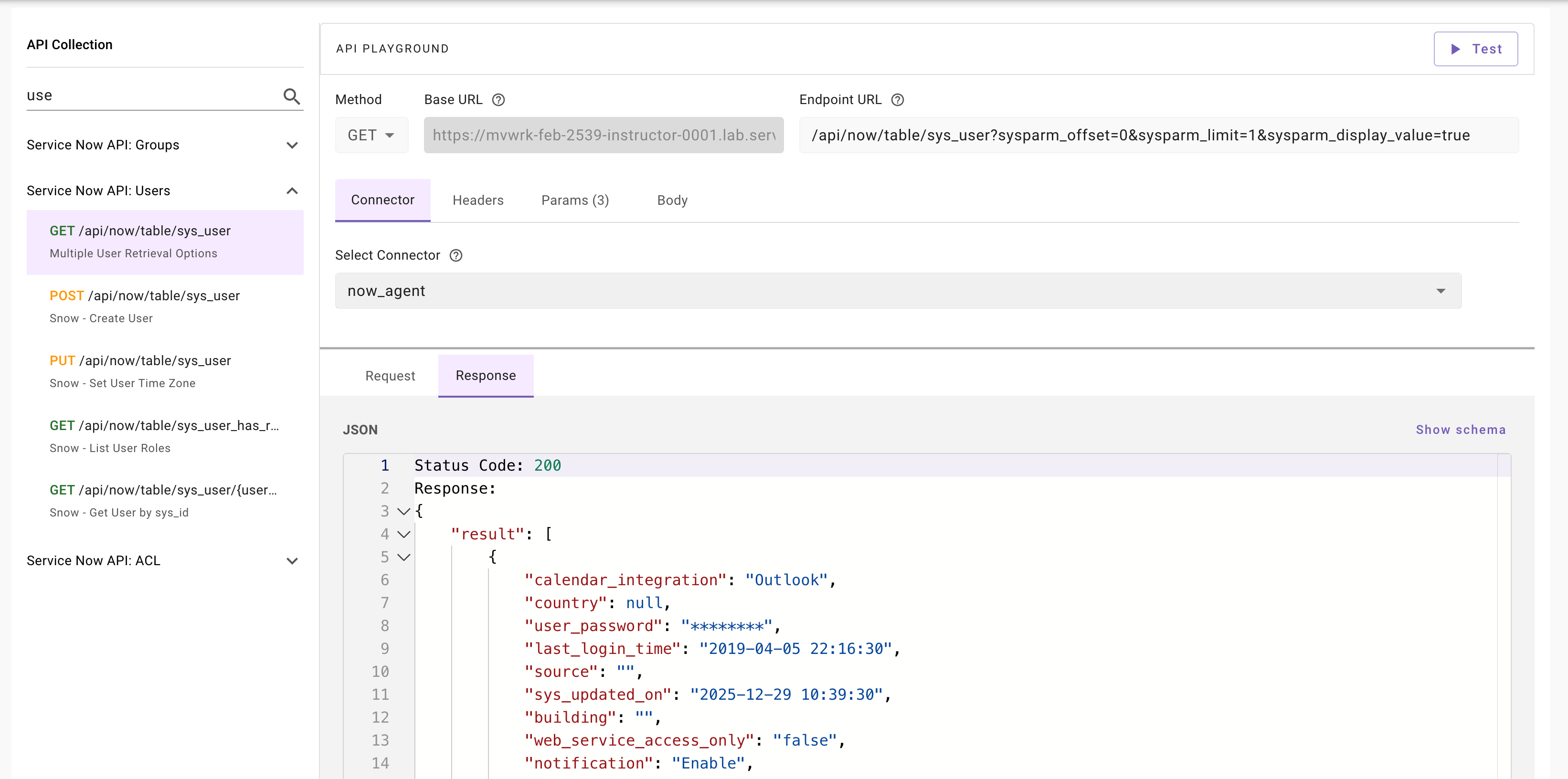 API Playground showing a successful 200 response from ServiceNow via the on-prem agent connector