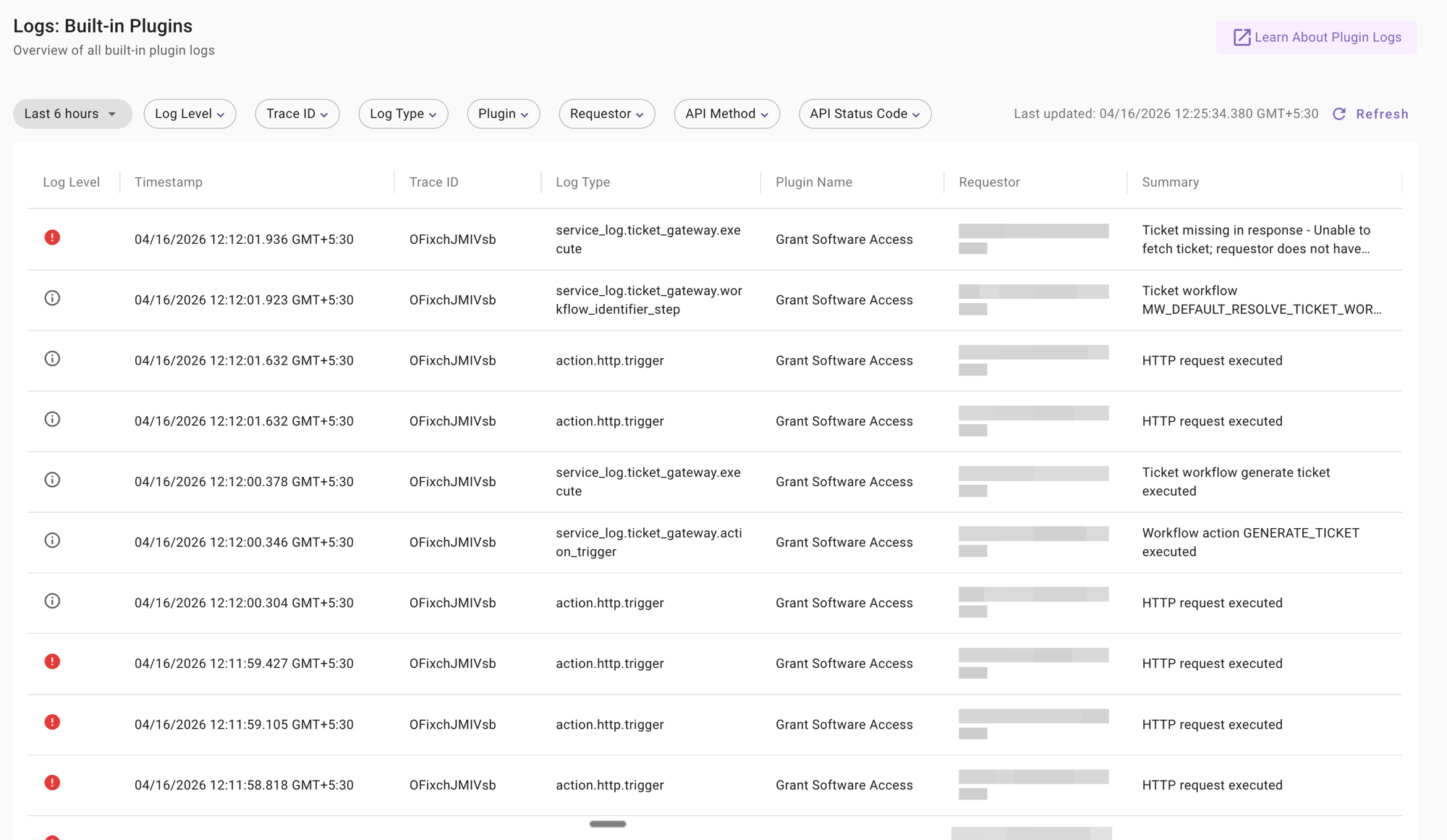 Built-in Plugin Logs table showing log entries with filters, log level, timestamp, trace ID, log type, plugin name, requestor, and summary columns