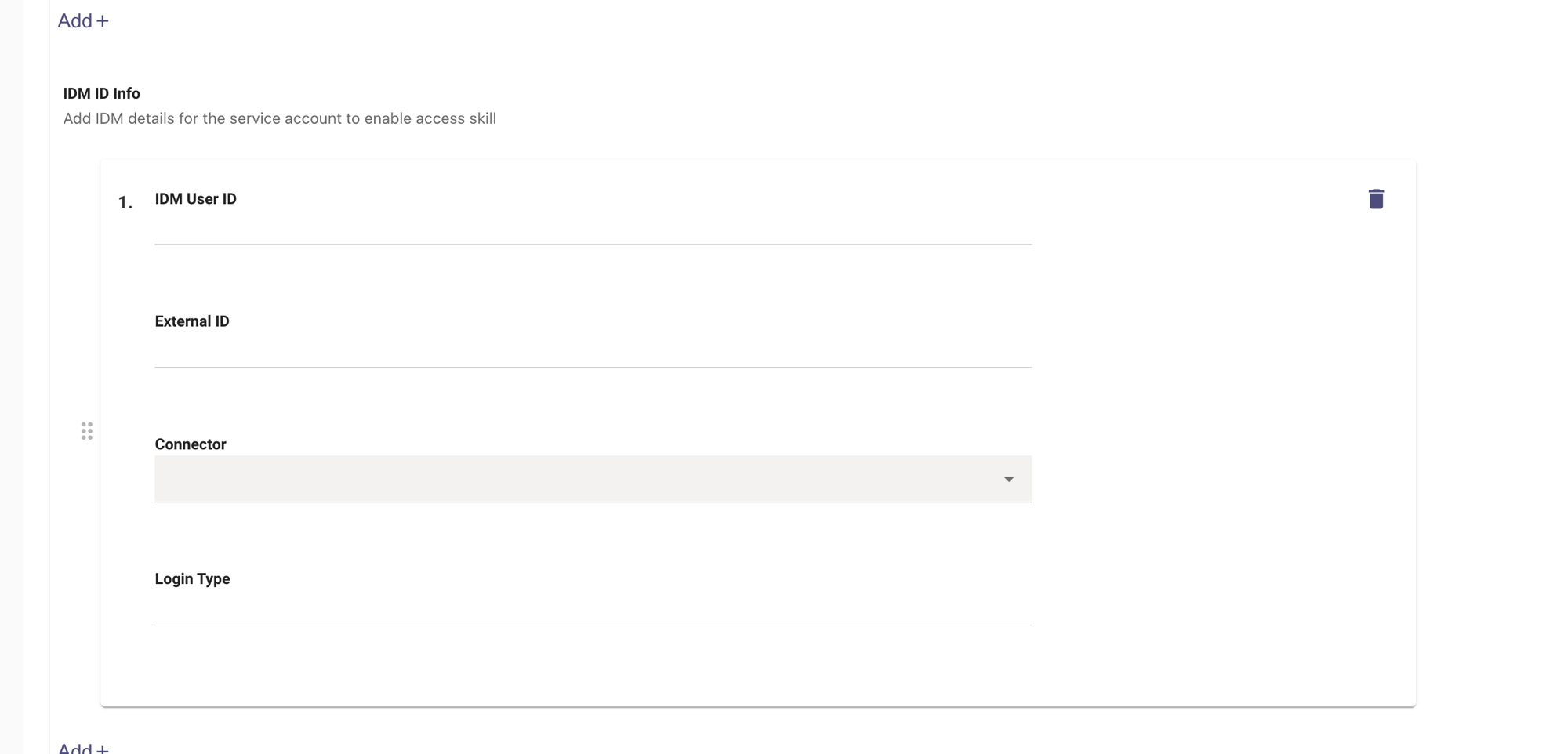 IDM ID Info entry on the Manual User Management page, showing the Connector dropdown