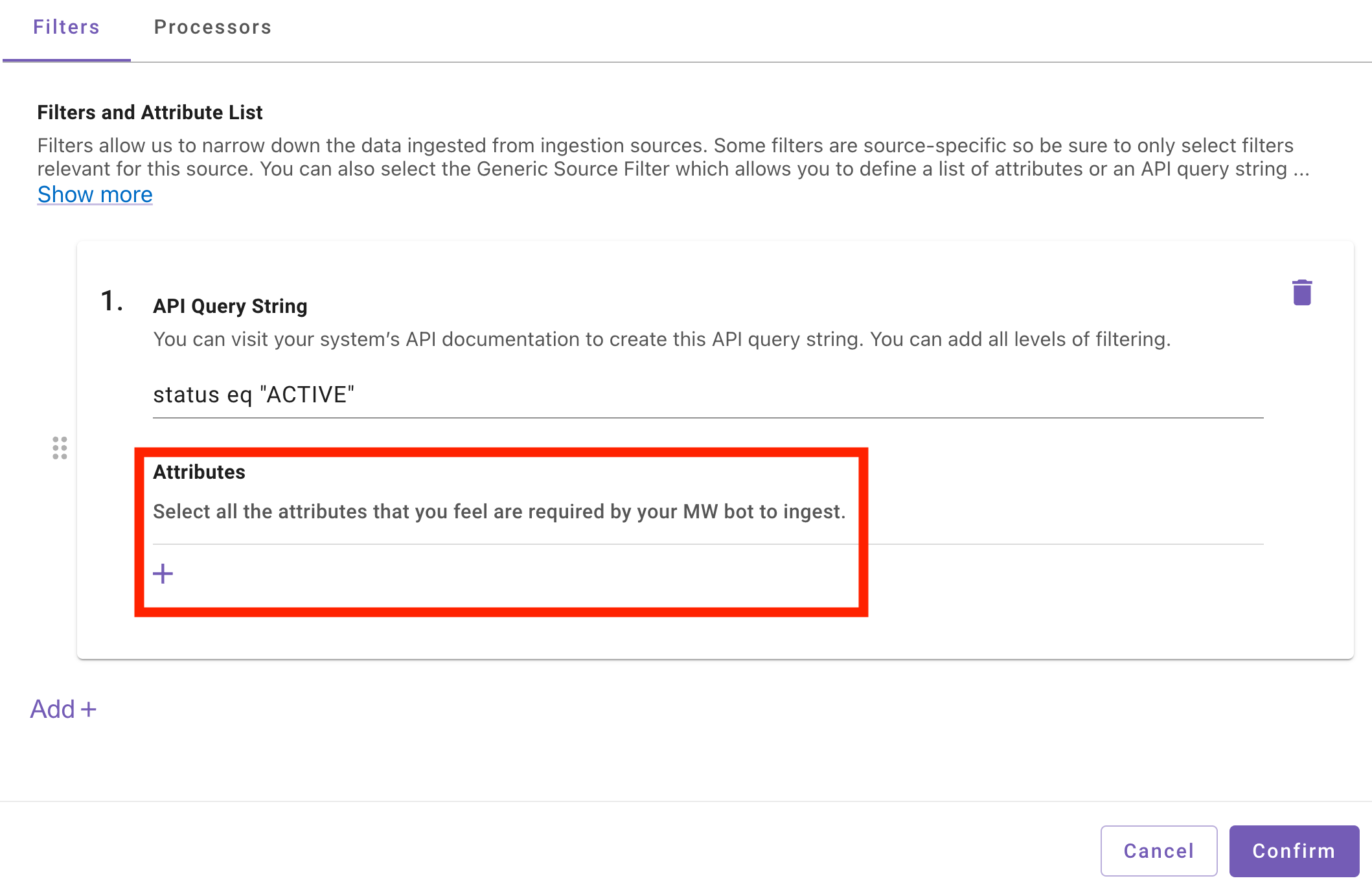 The Filters and Attribute List panel in Moveworks Setup