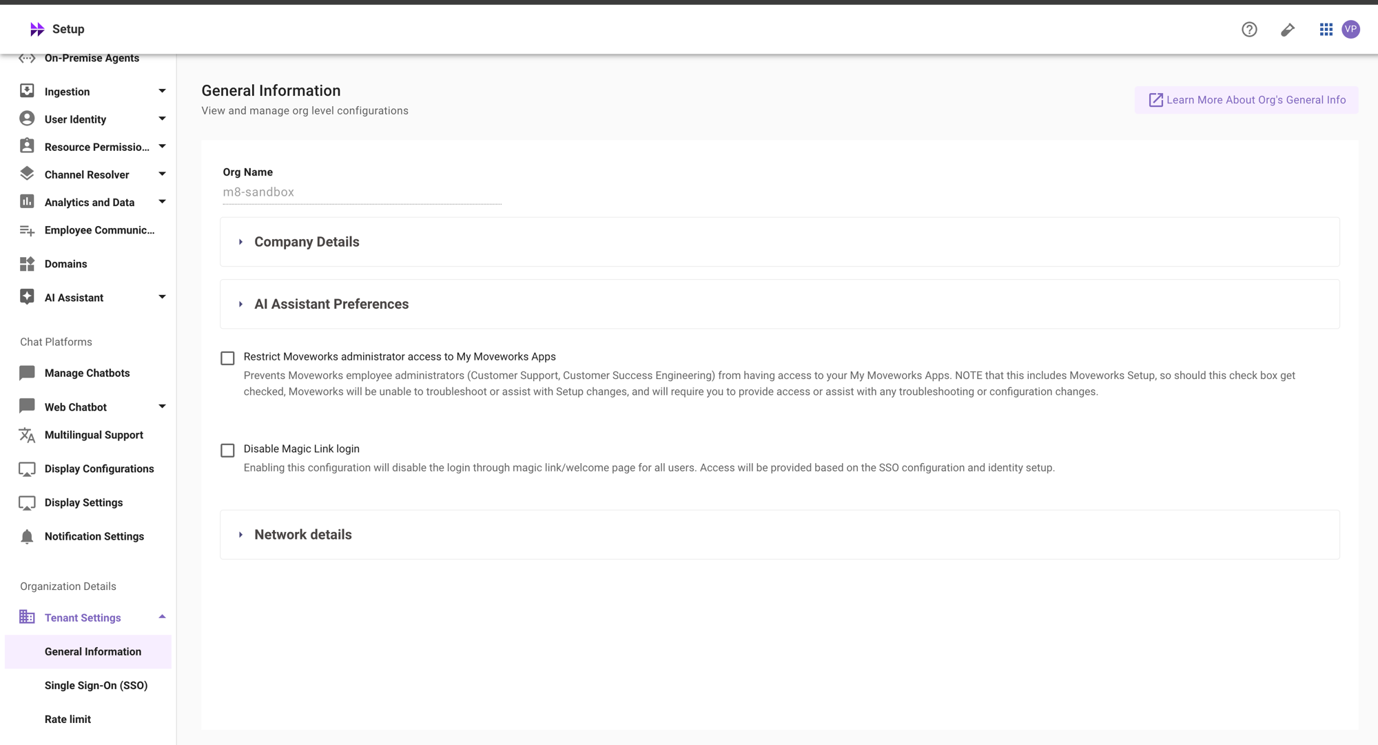 Disable Magic Link login setting in Tenant Settings