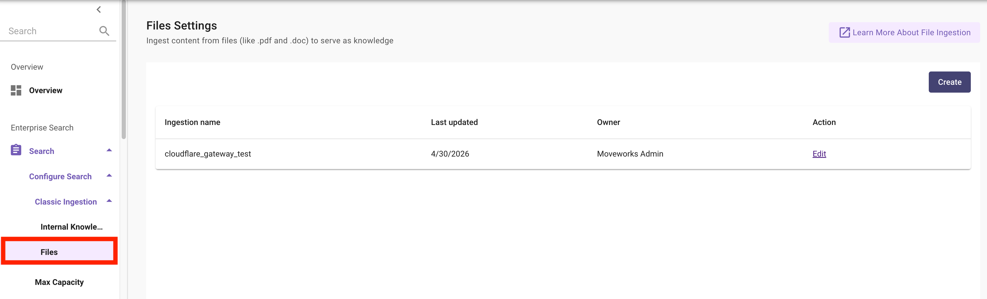 Files Settings — configure a new Content Gateway ingestion