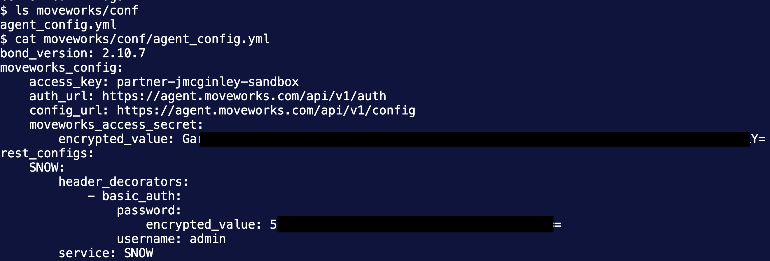 The resulting agent_config.yml showing the configuration structure with credentials encrypted