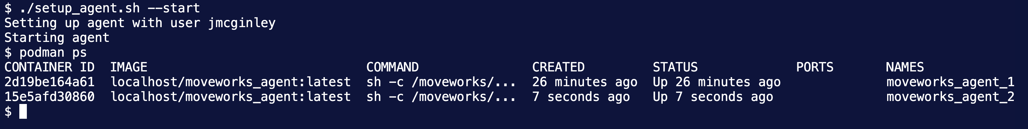 setup_agent.sh --start followed by podman ps showing both containers running