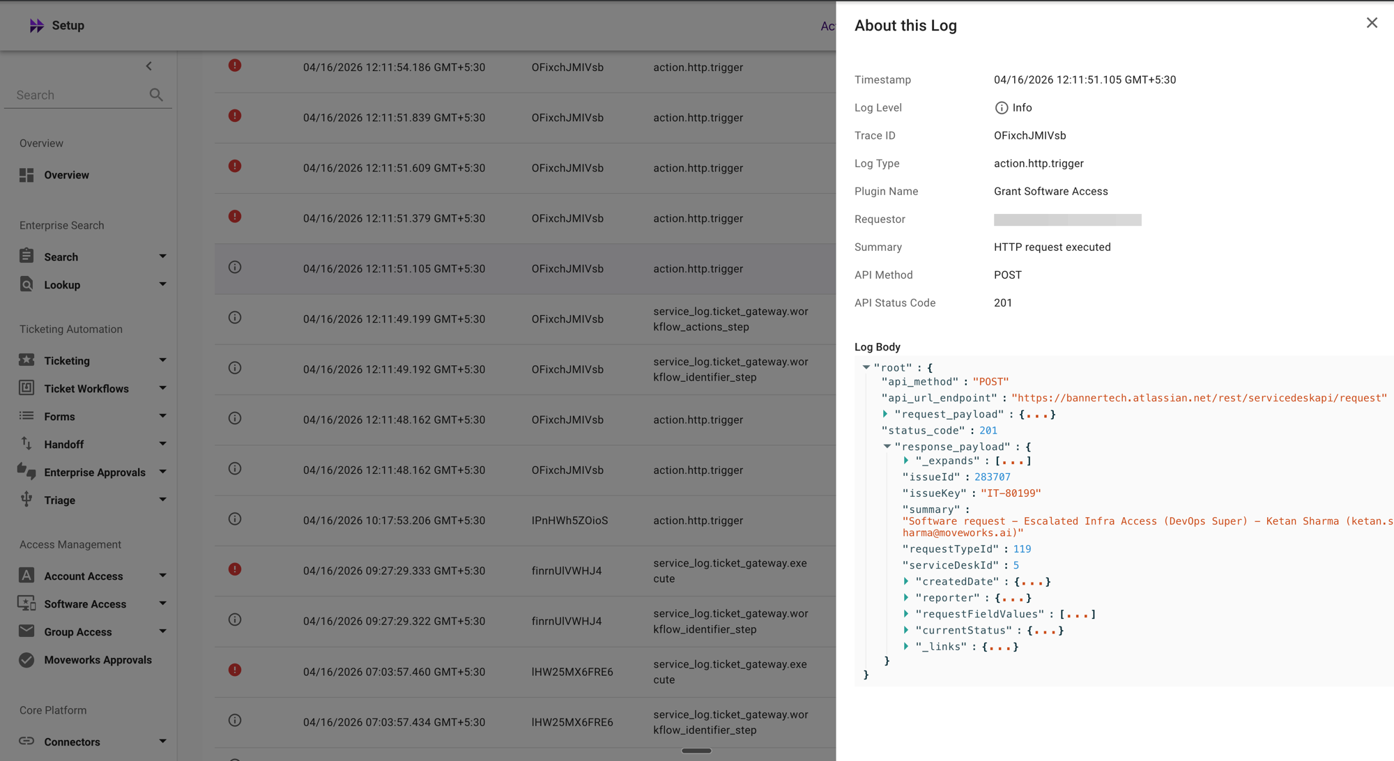 About this Log detail panel for an info log entry, showing log level, trace ID, log type, plugin name, summary, status code 201, and JSON log body