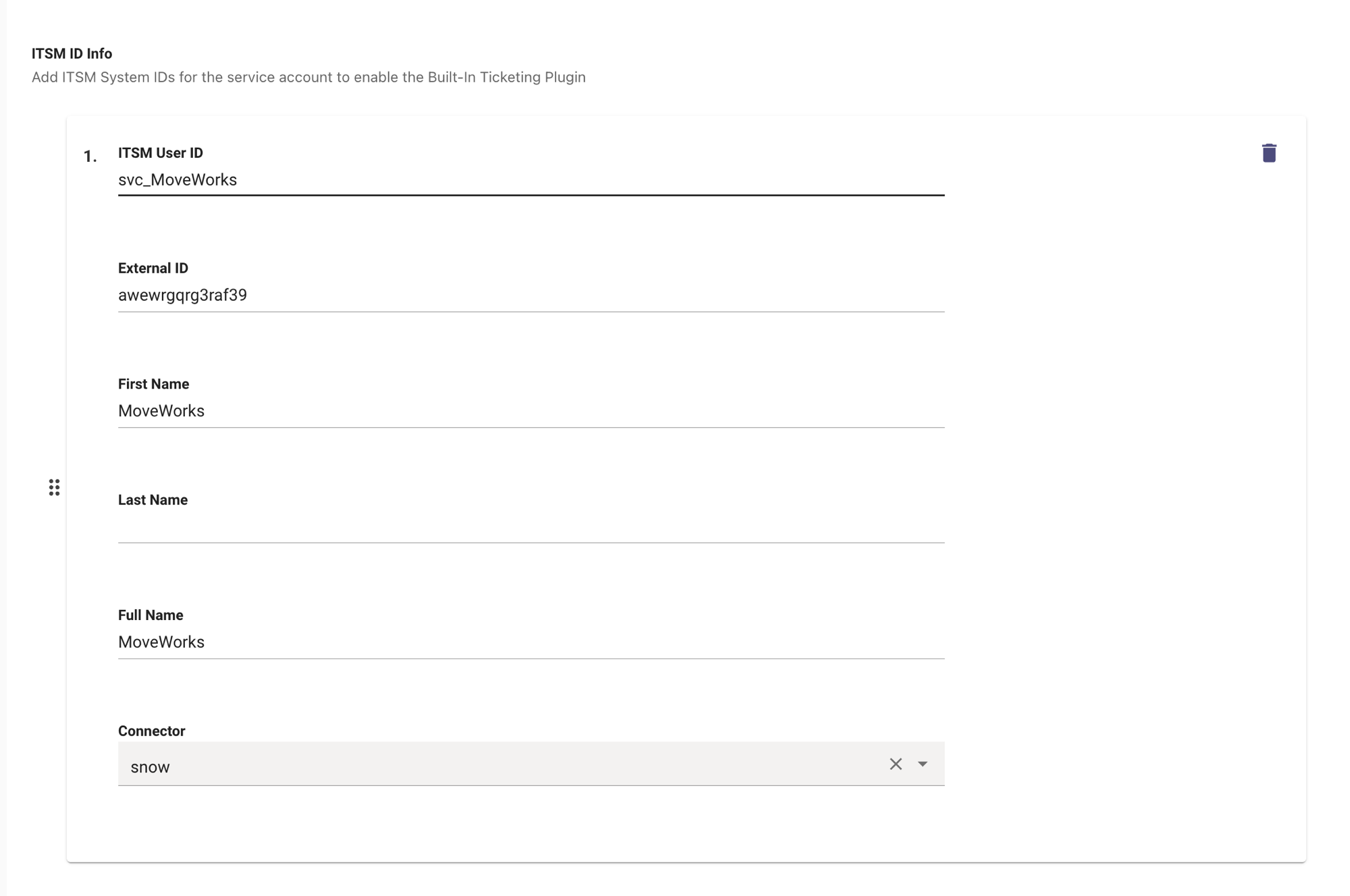 ITSM ID Info entry on the Bot Account page, showing the Connector dropdown at the bottom of the form