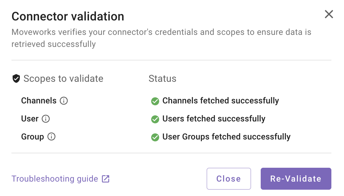 Stage 1 validation: Channels, Users and Groups fetched successfully