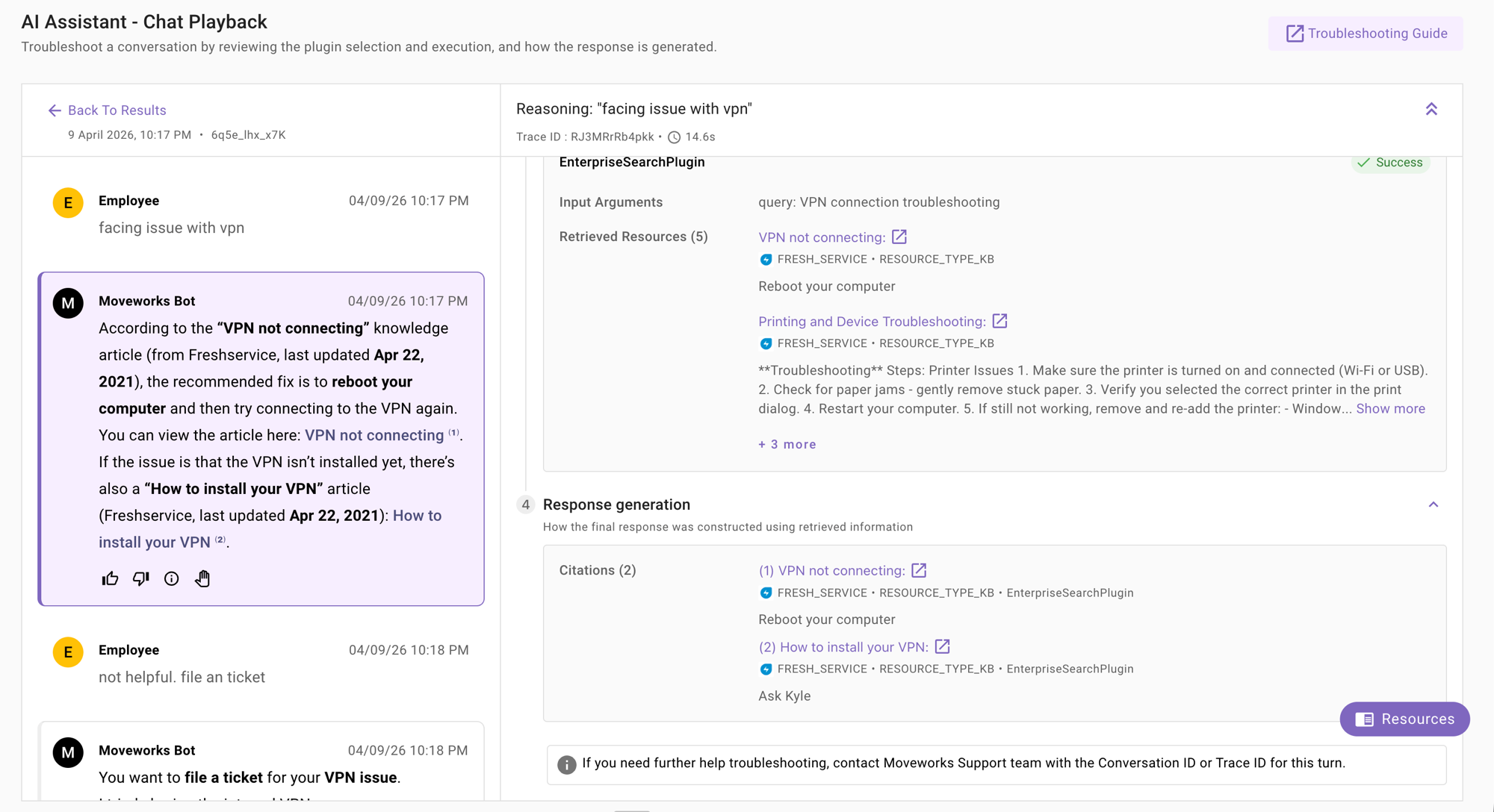 Plugin execution showing input arguments, retrieved resources, and response generation with citations