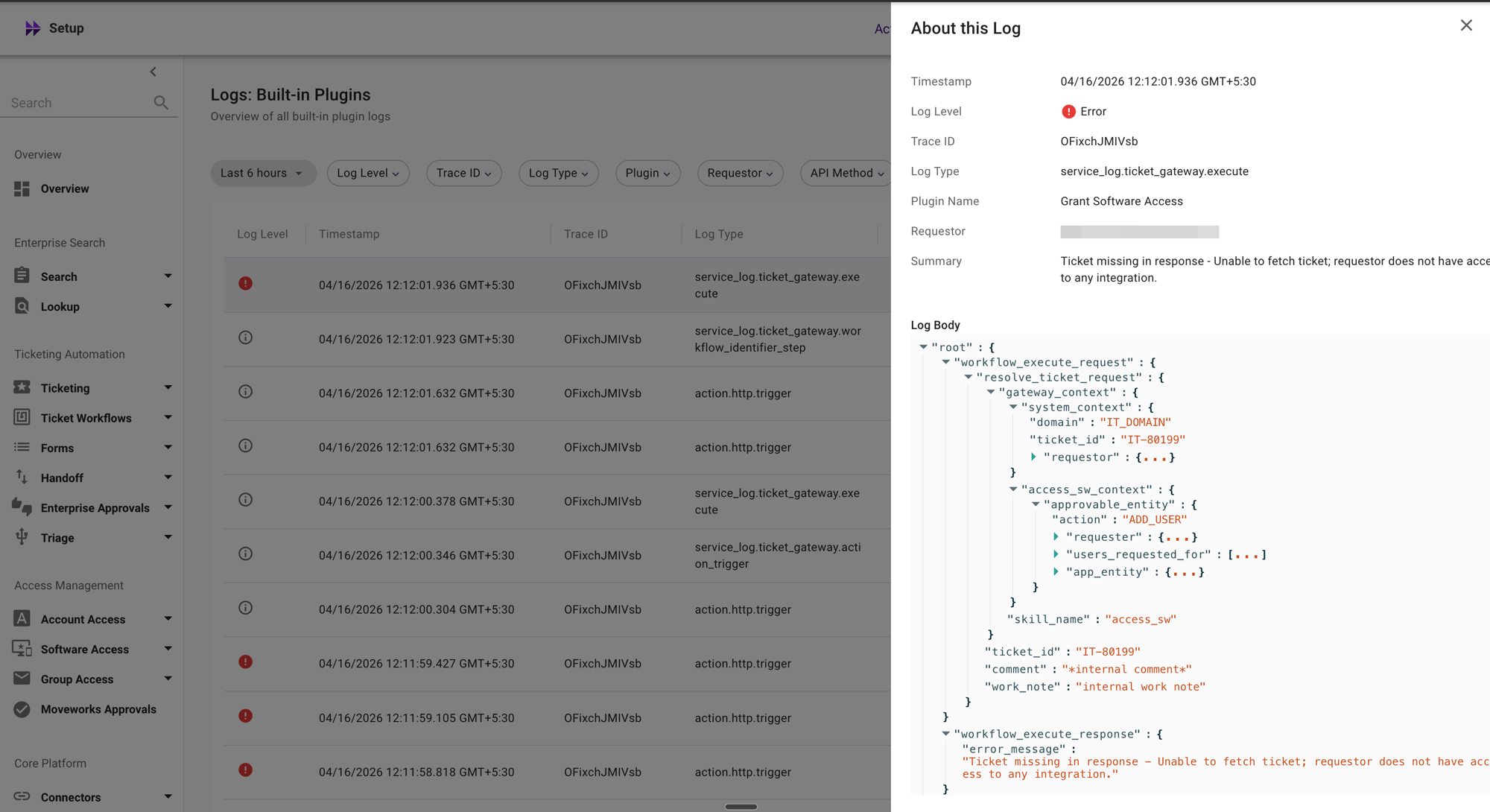 About this Log detail panel for an error log entry, showing log level, trace ID, log type, plugin name, summary with error message, and JSON log body