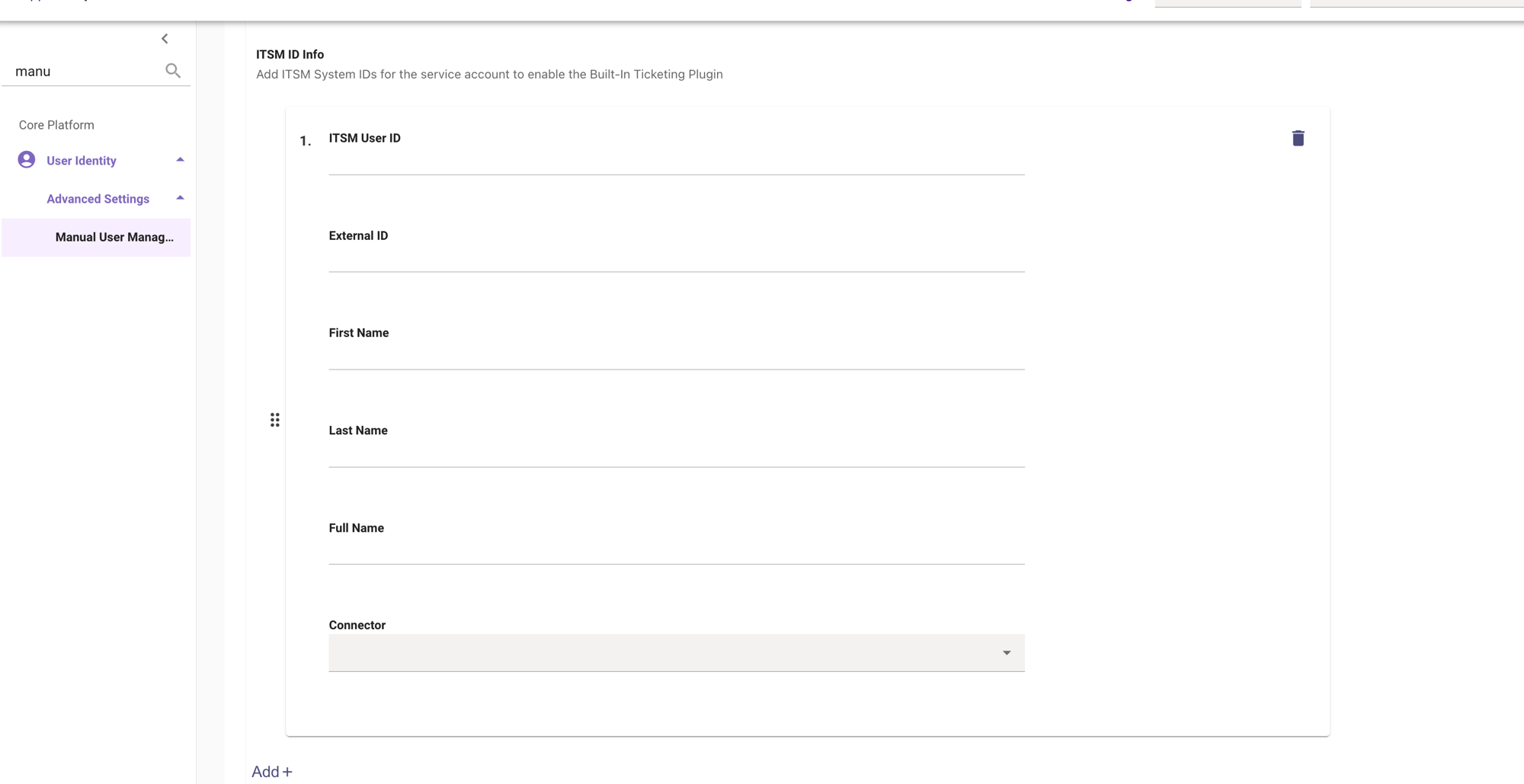 ITSM ID Info entry on the Manual User Management page, showing the Connector dropdown