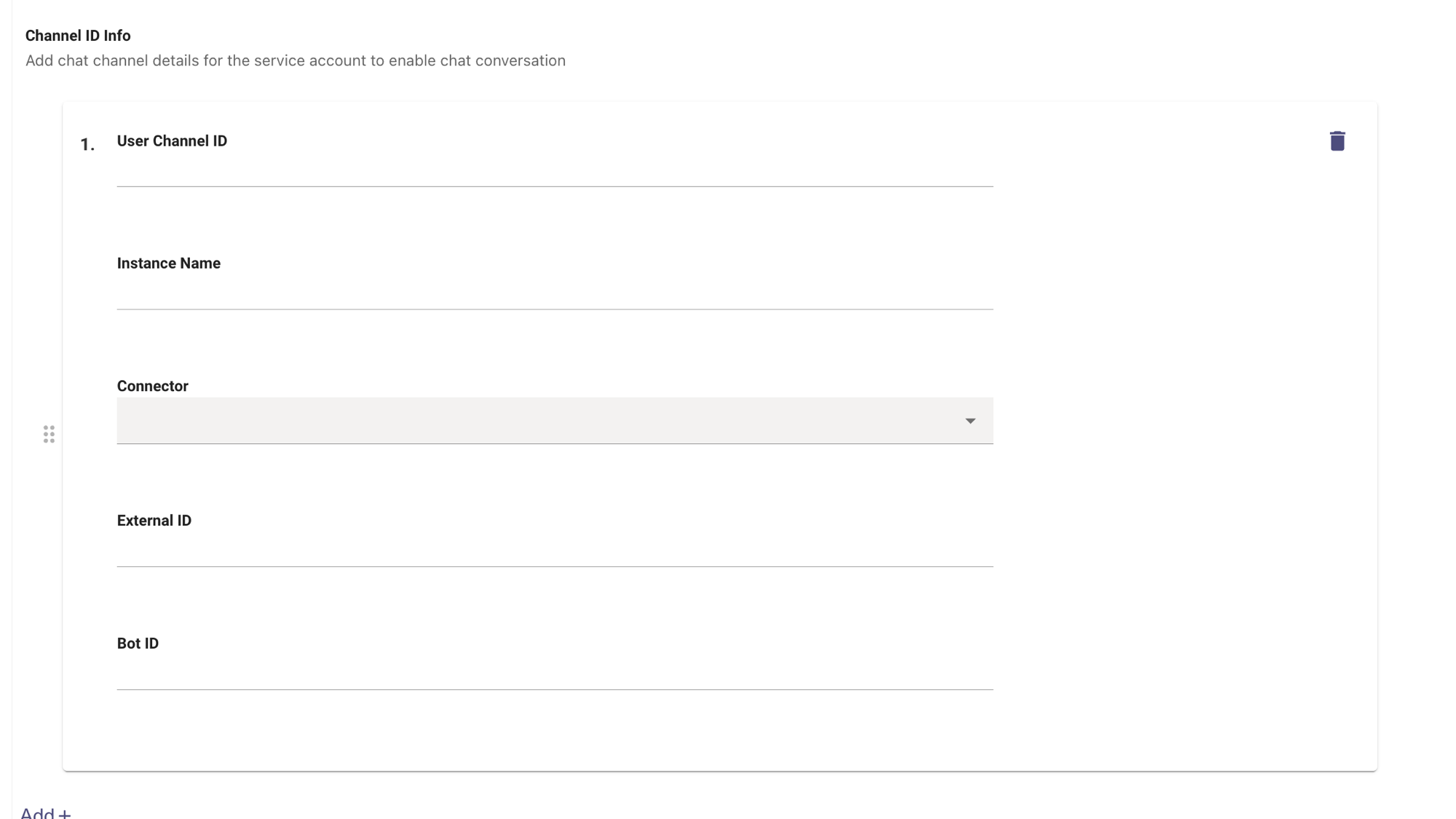 Channel ID Info entry on the Manual User Management page, showing the Connector dropdown