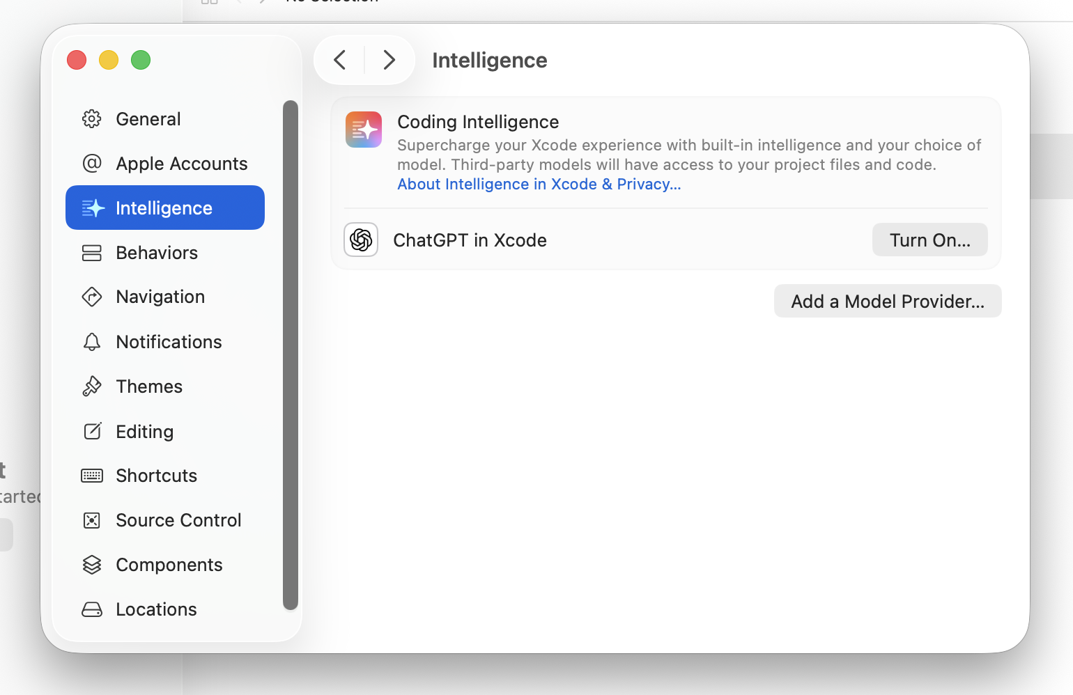 Xcode Intelligence Settings