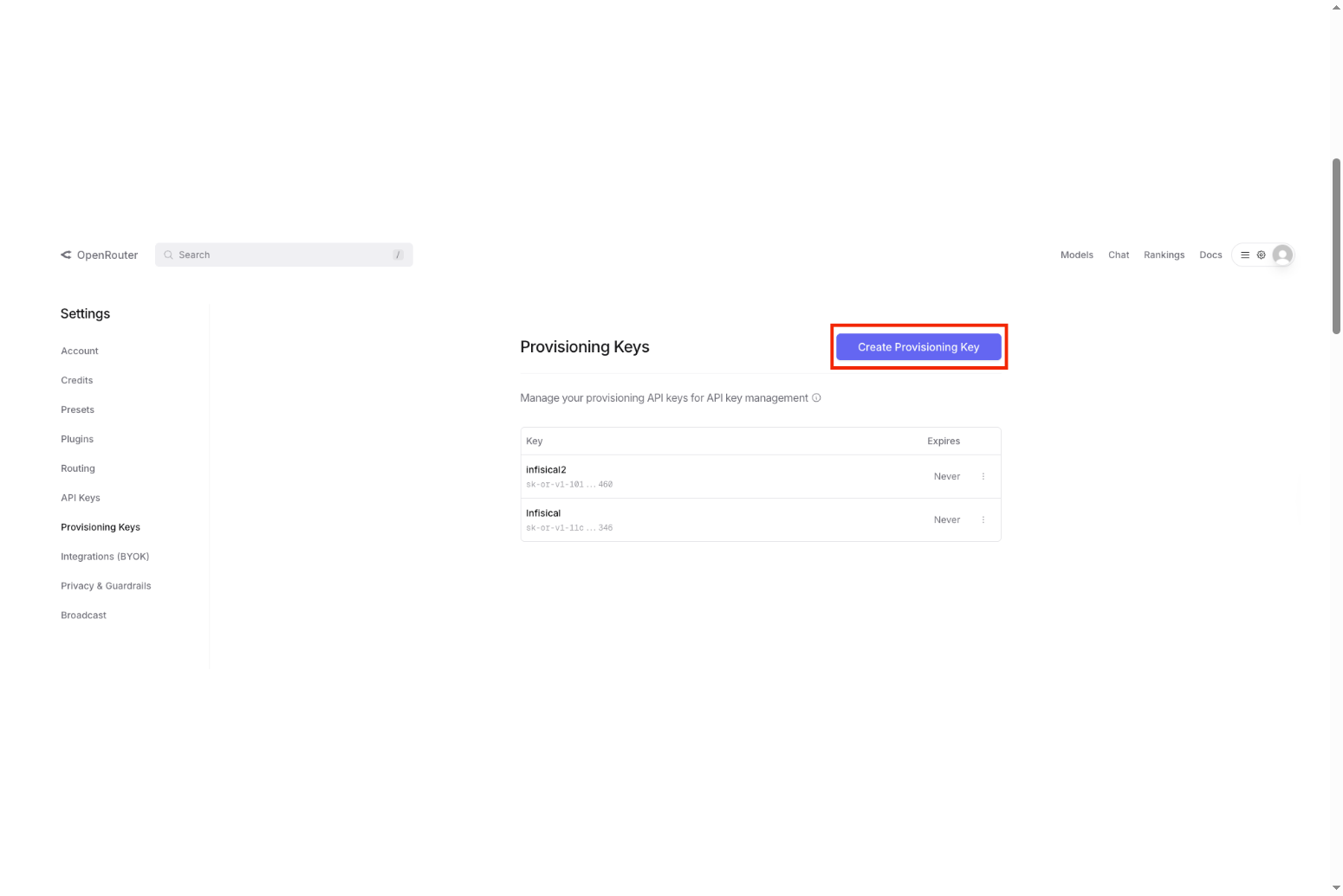 OpenRouter Provisioning Keys page showing the Create Provisioning Key button