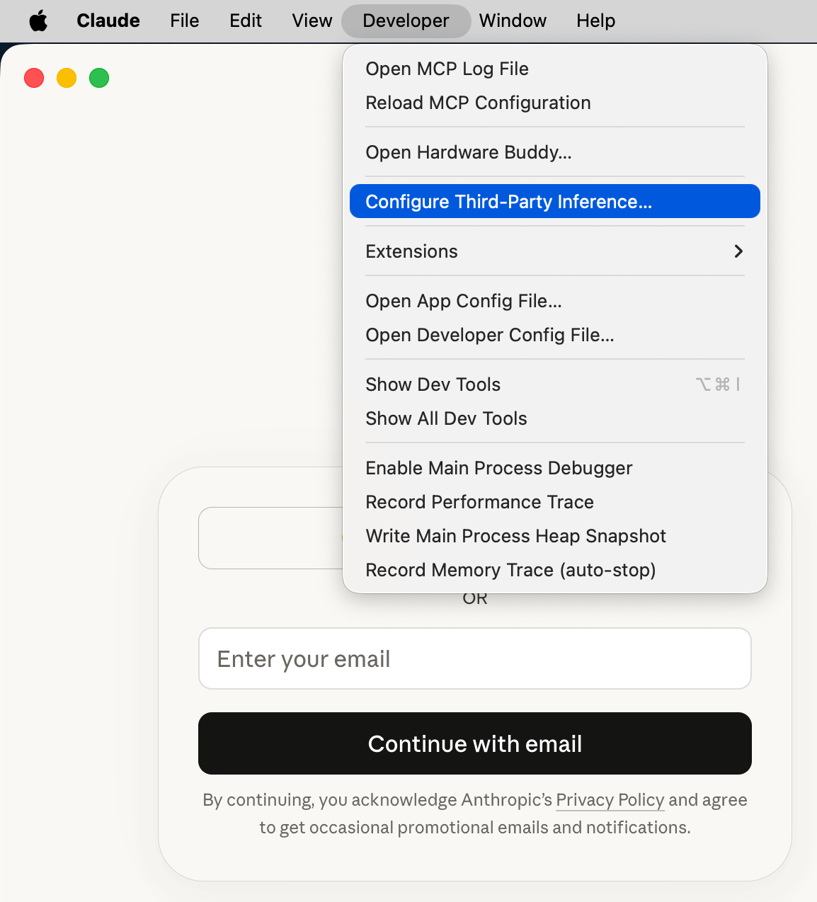 Claude Desktop Developer menu with Configure Third-Party Inference highlighted