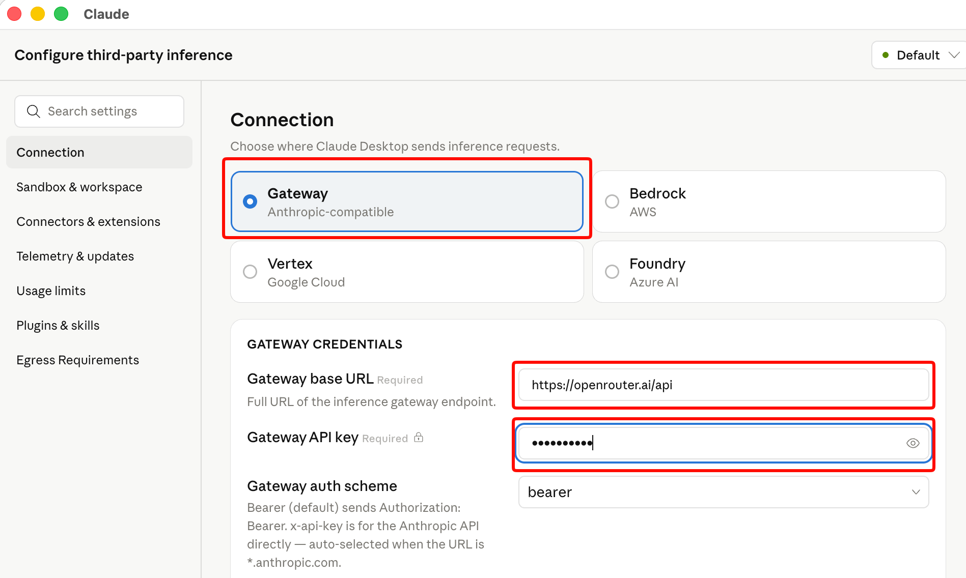 Claude Desktop third-party inference configuration panel showing Gateway selected with OpenRouter credentials