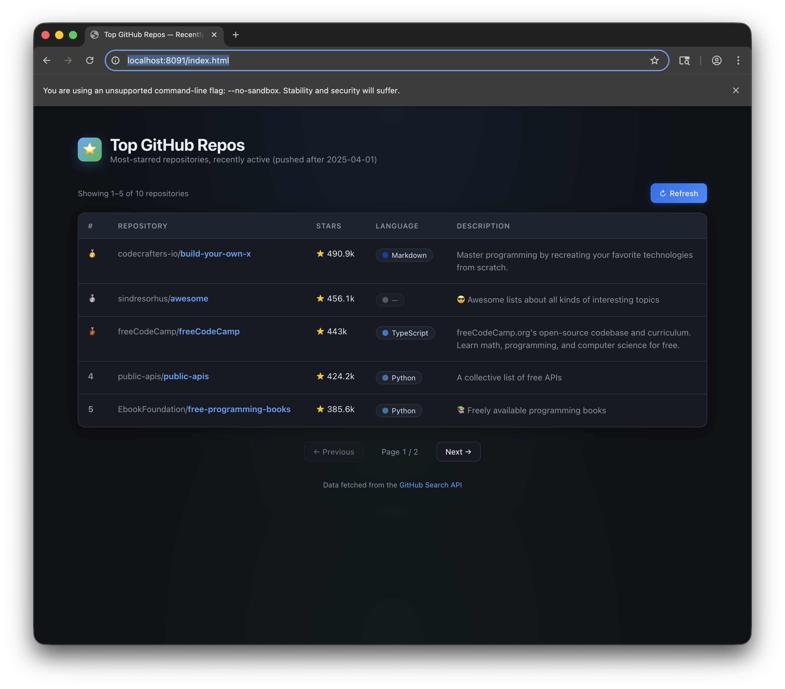 A demo app built by the agent TUI