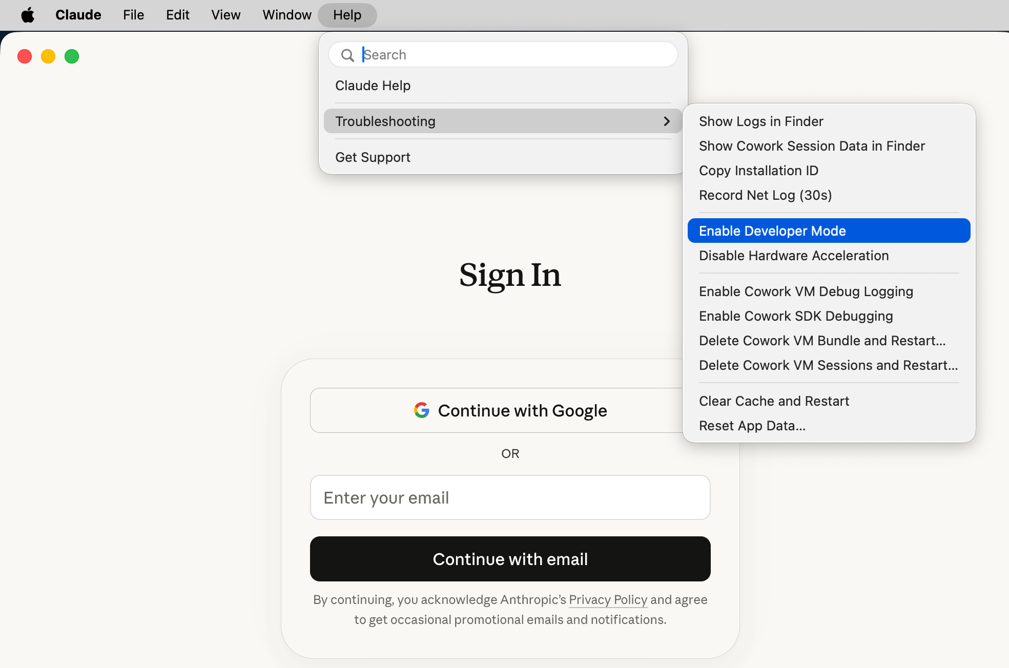 Claude Desktop Help menu showing Troubleshooting submenu with Enable Developer Mode highlighted