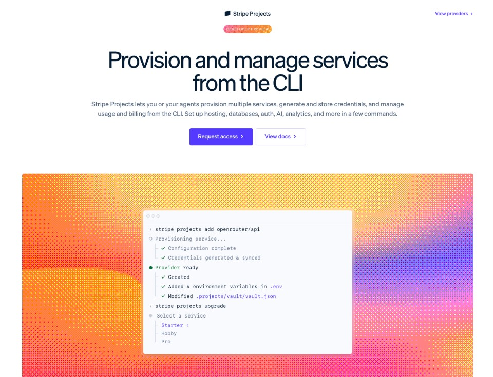 Stripe Projects home page at projects.dev showing stripe projects add openrouter/api provisioning, syncing credentials, and writing env vars to .env