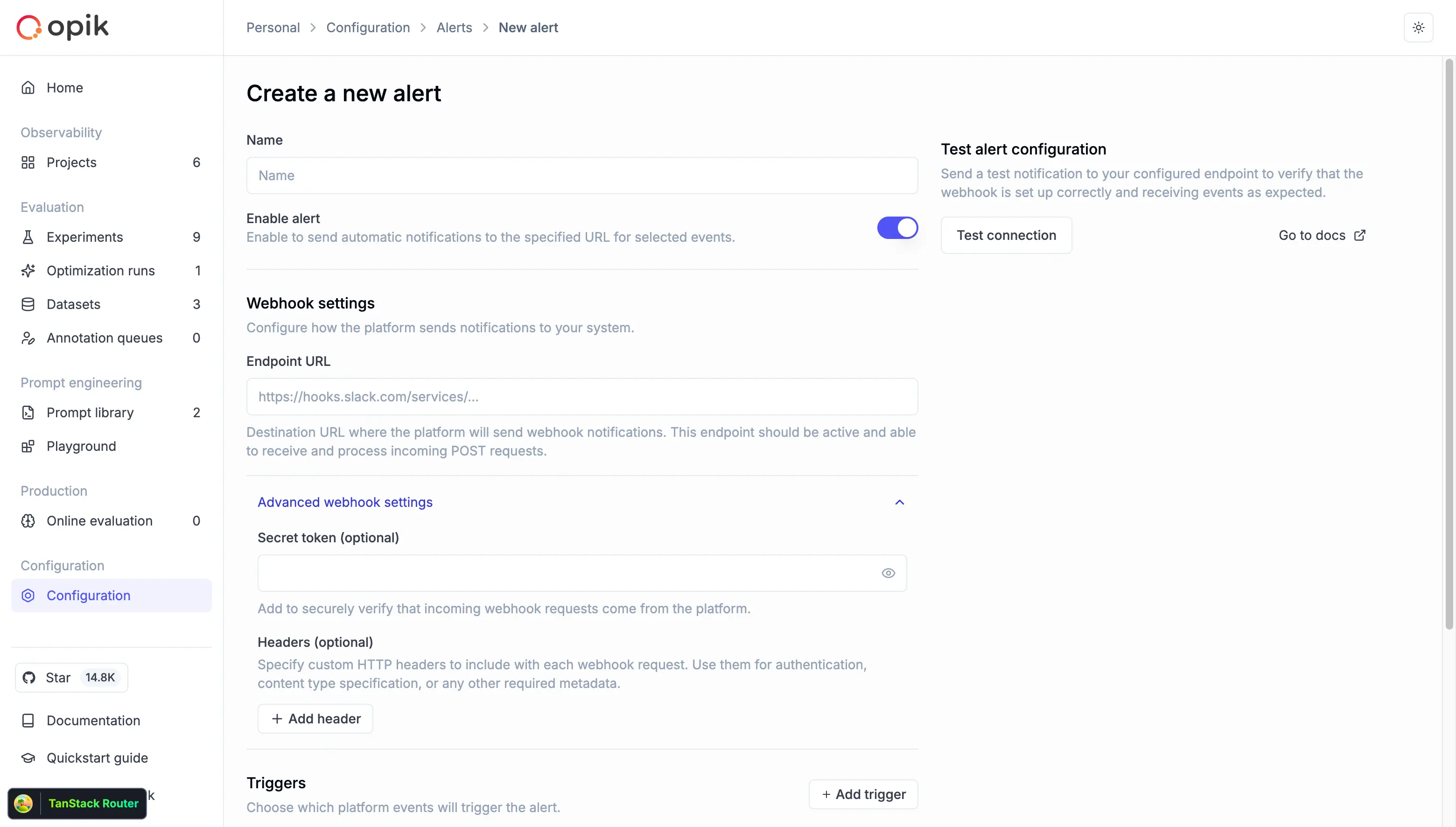 Alerts configuration interface showing webhook setup and event types