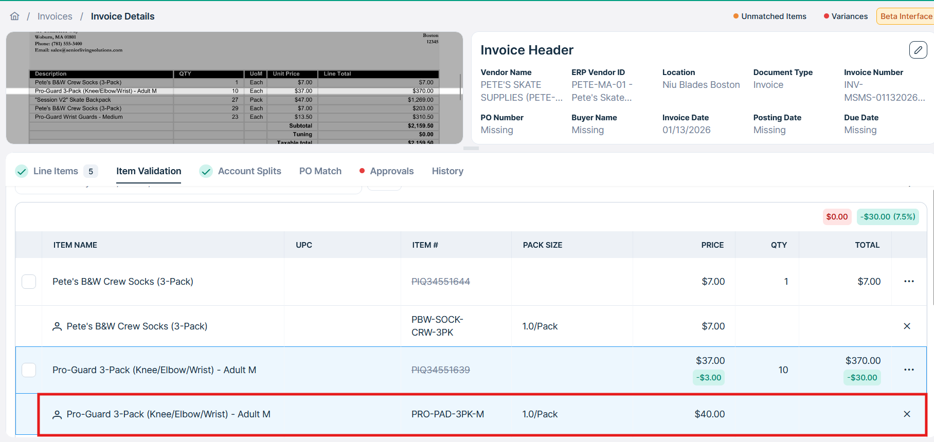 Item-Validation UI on the Ottimate Dashboard