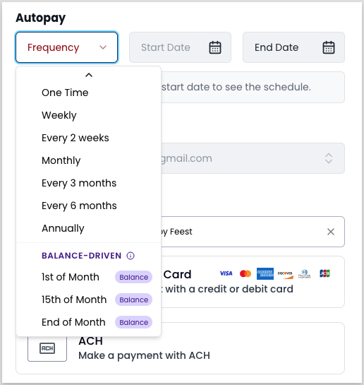 Create Autopay modal showing frequency options: 1st of month, 15th of month, and End of month