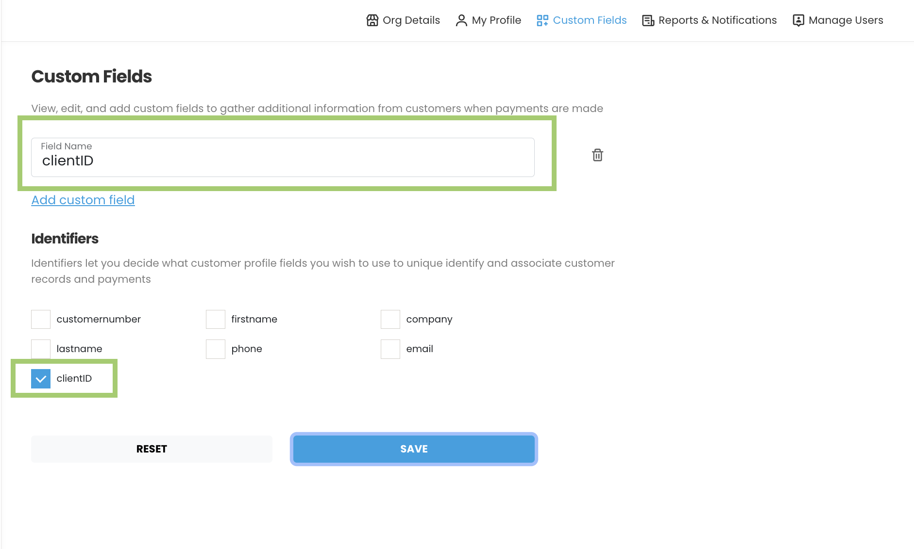 image of the custom identifiers screen