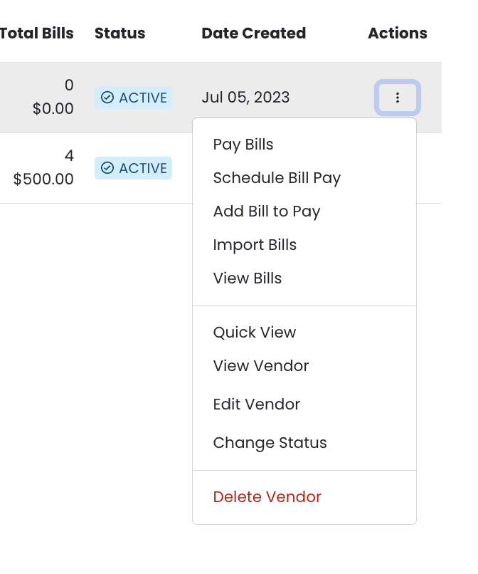 an image of the vendor screen action menu